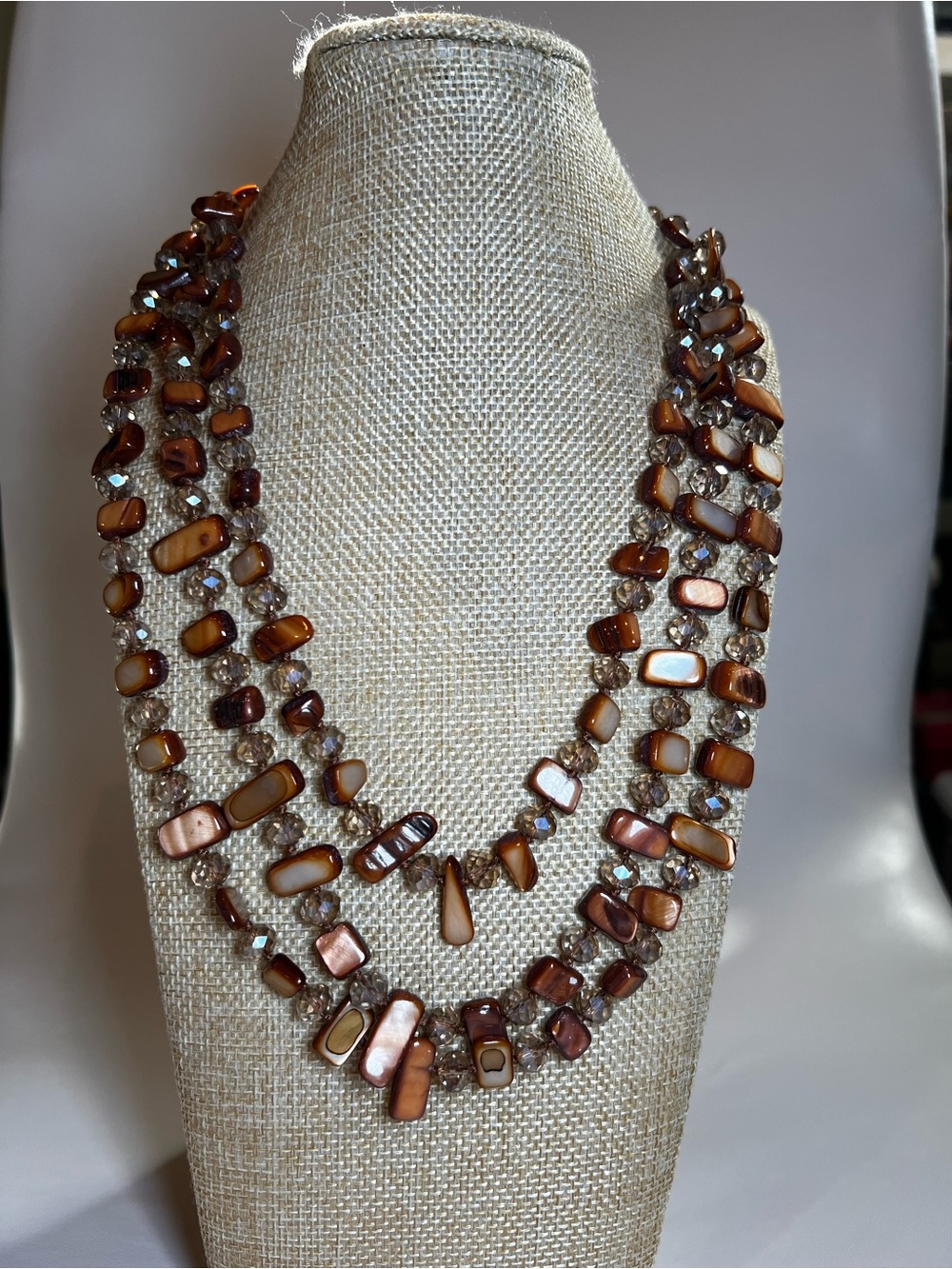 Mixit Earth tone mother pearl chips glass 3 strand statement boho necklace